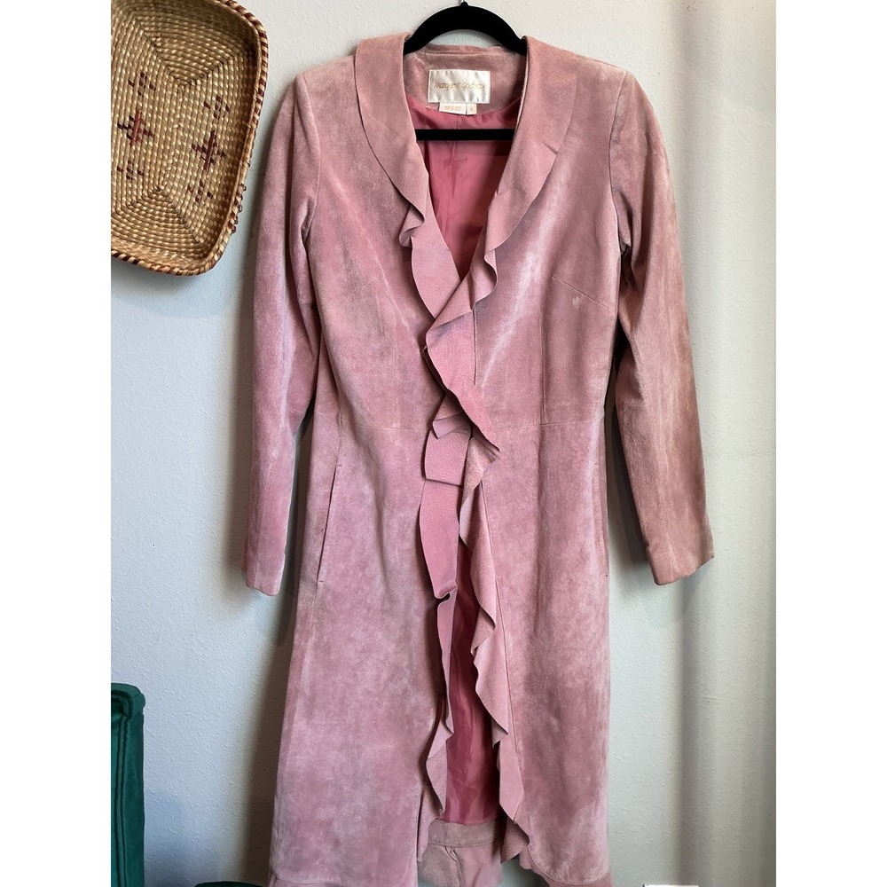 Vintage Margaret Godfrey Pastel Pink Leather Ruffled Trench Coat Pockets Size 4 - Picture 2 of 6